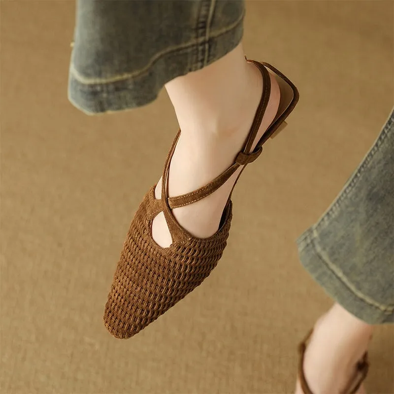 Almond Toe Woven Sheepskin Slingback Kitty Heel Sandals in Black/Apricot/Brown