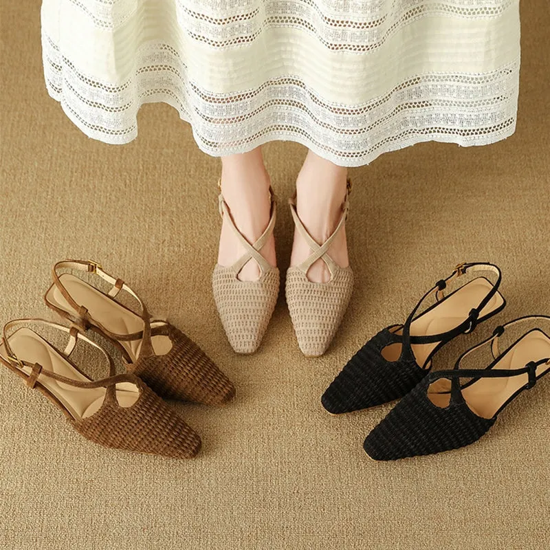 Almond Toe Woven Sheepskin Slingback Kitty Heel Sandals in Black/Apricot/Brown