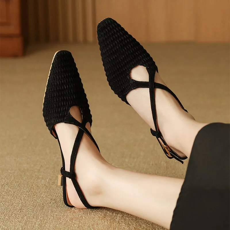 Almond Toe Woven Sheepskin Slingback Kitty Heel Sandals in Black/Apricot/Brown