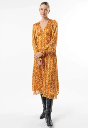 Angeleye V-neck Long Sleeve Midi Dress In Orange Print