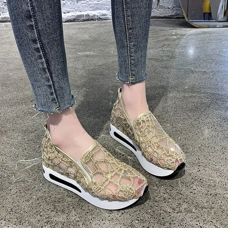 Ashore Shop womens Wedge Shoes Sequin Mesh Breathable Shoes Women Gold Silver Platform Sneakers