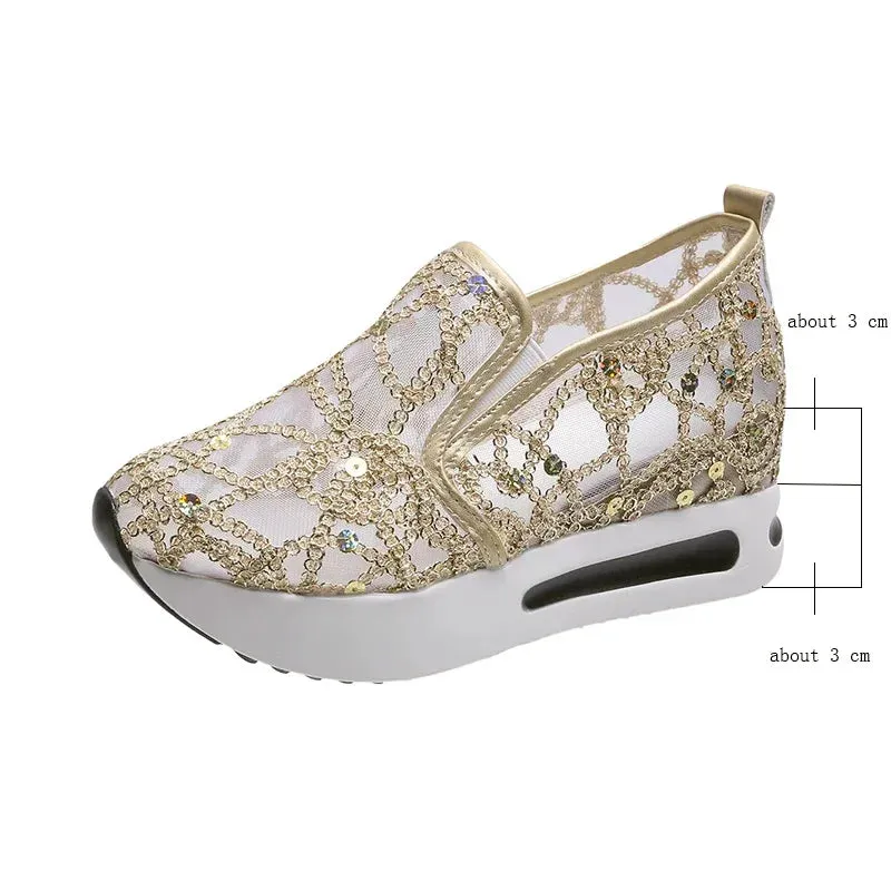 Ashore Shop womens Wedge Shoes Sequin Mesh Breathable Shoes Women Gold Silver Platform Sneakers