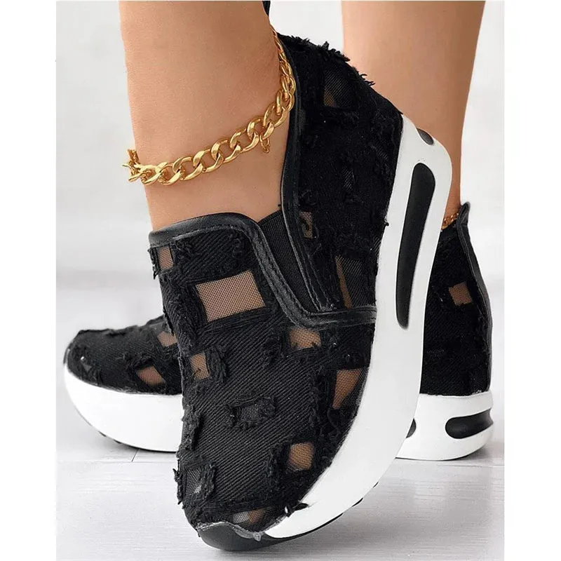 Ashore Shop womens Wedge Shoes Sequin Mesh Breathable Shoes Women Gold Silver Platform Sneakers