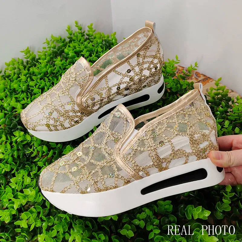 Ashore Shop womens Wedge Shoes Sequin Mesh Breathable Shoes Women Gold Silver Platform Sneakers