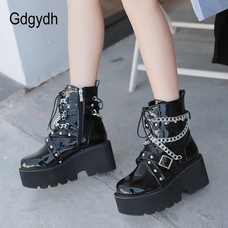 Autumn Winter Boots Women Sexy Chain Boots Ankle Buckle Strap Ankle Boots Square Heel Thick Sole Platform Rock Punk Style