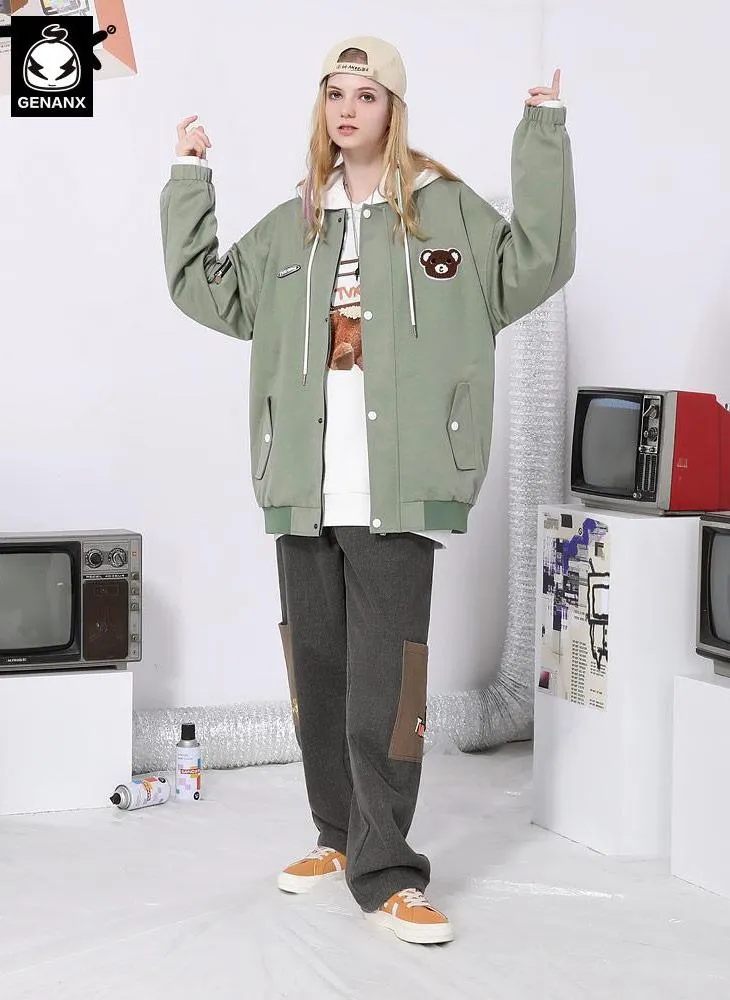 Bear Embroidery Baseball Collar Jacket