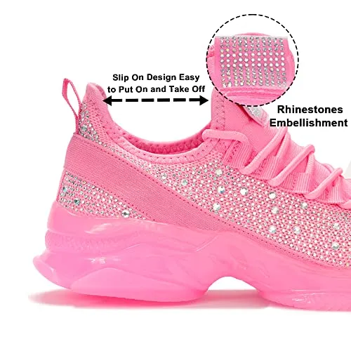 BELOS Women's Fashion Rhinestone Mesh Knit Slip On Sneaker Breathable Glitter Walking Shoes(Pink,10)