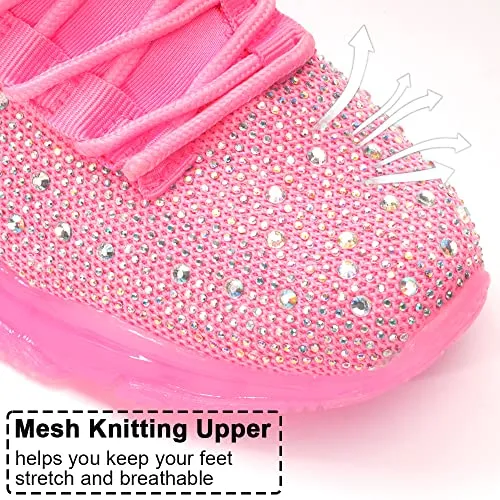 BELOS Women's Fashion Rhinestone Mesh Knit Slip On Sneaker Breathable Glitter Walking Shoes(Pink,10)