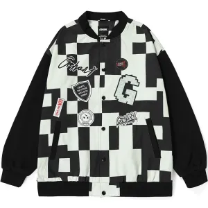 Black And White Contrast Mosaic Print Baseball Collar Jacket