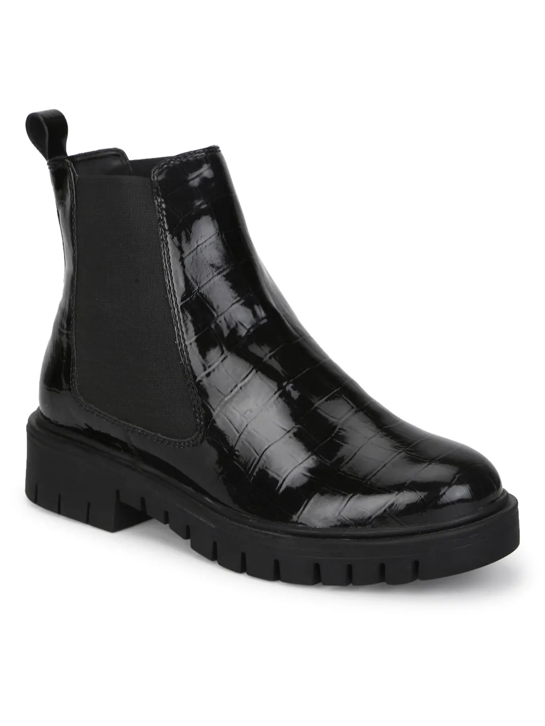 Black Croc Patent Chelsea Ankle Boots