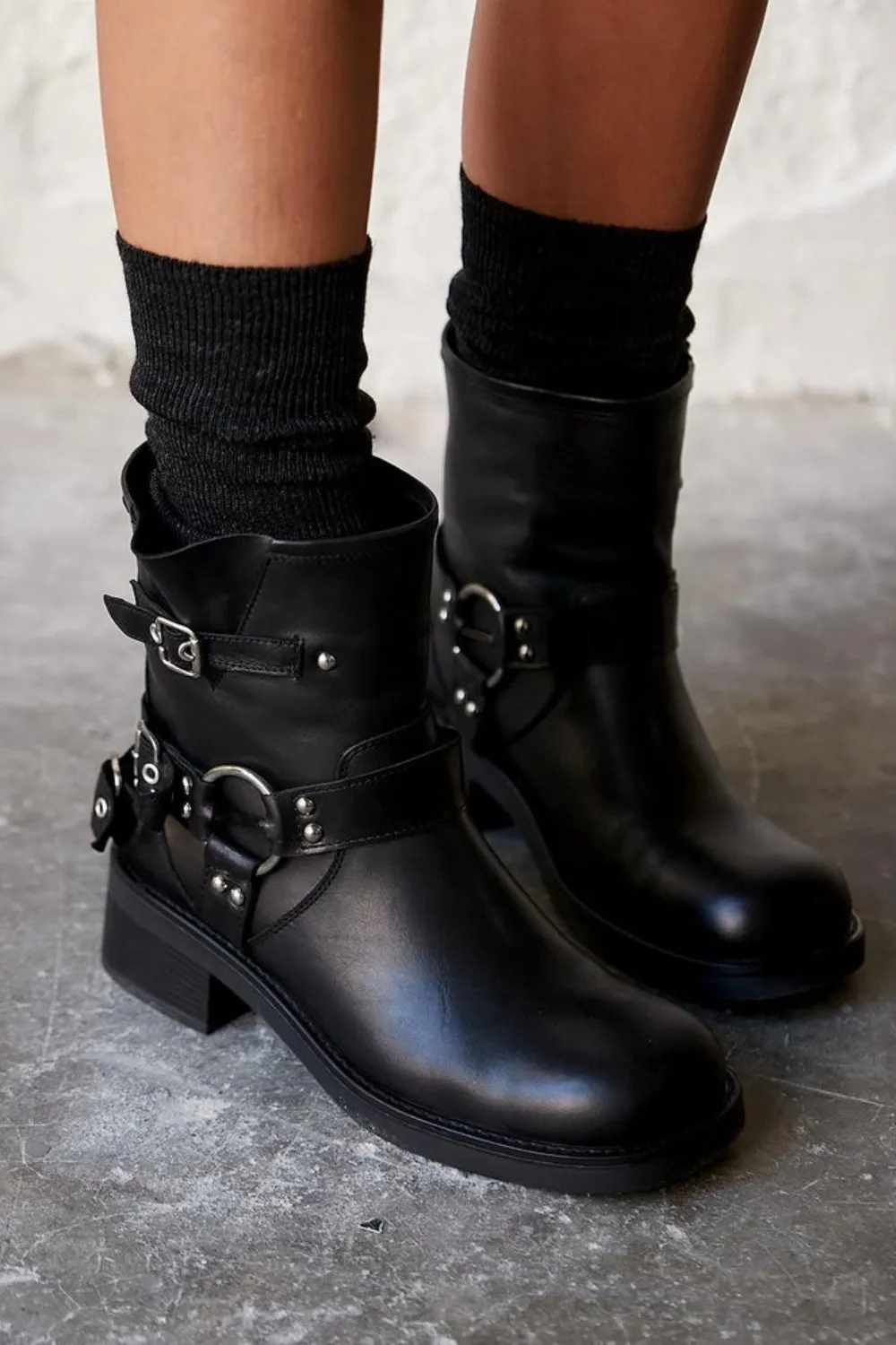 Black PU Buckle Ankle Heeled Biker Boot