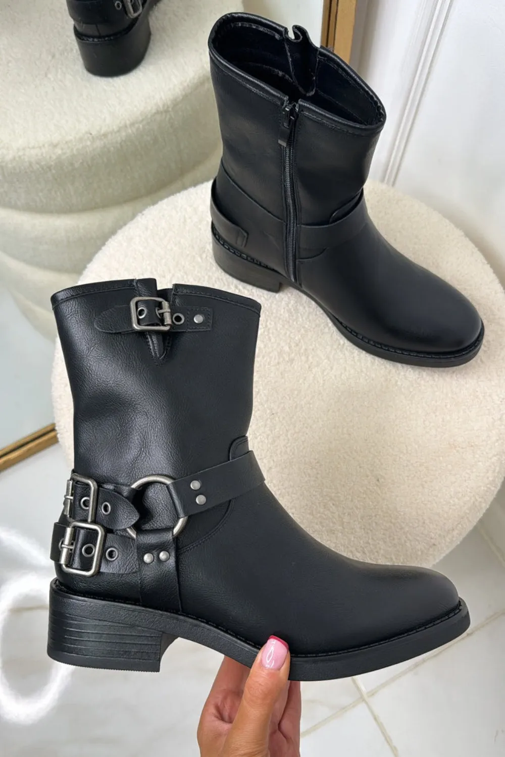 Black PU Buckle Ankle Heeled Biker Boot