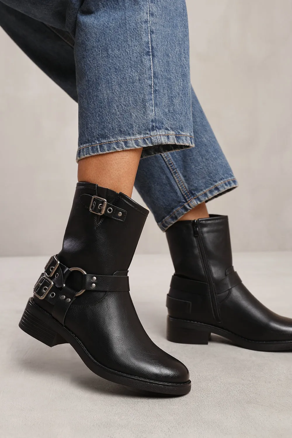 Black PU Buckle Ankle Heeled Biker Boot