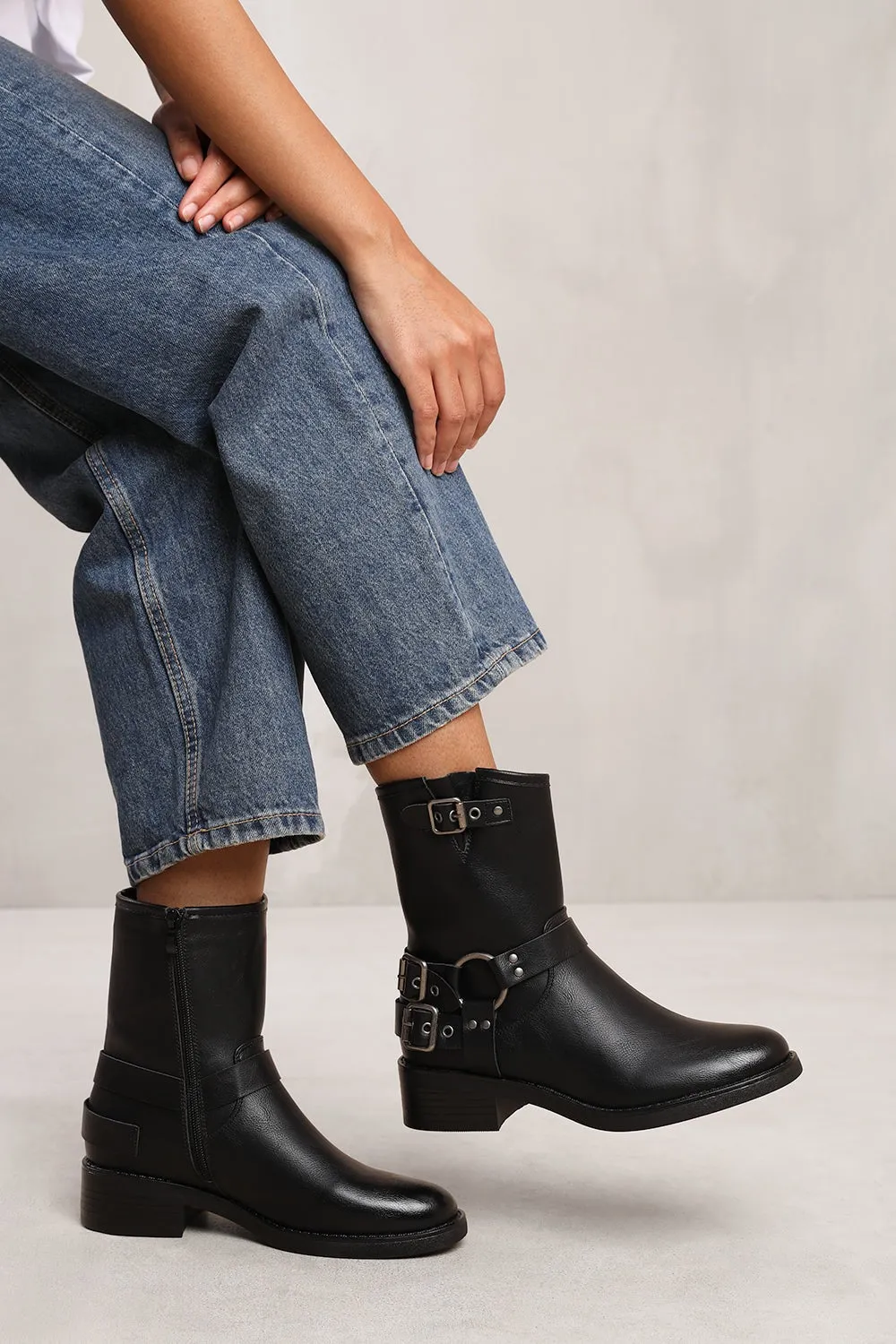 Black PU Buckle Ankle Heeled Biker Boot