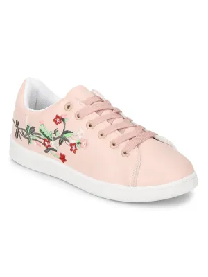 Blush PU Embroidered Lace-up Sneakers