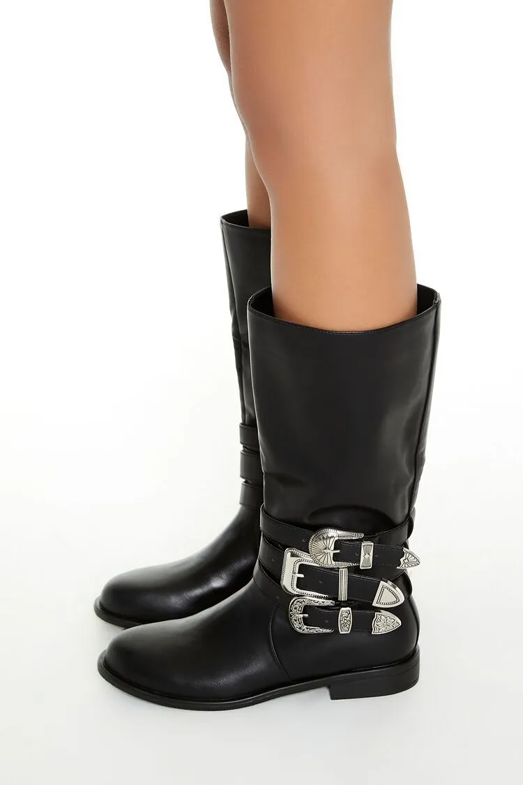 Buckled Faux Leather Boots