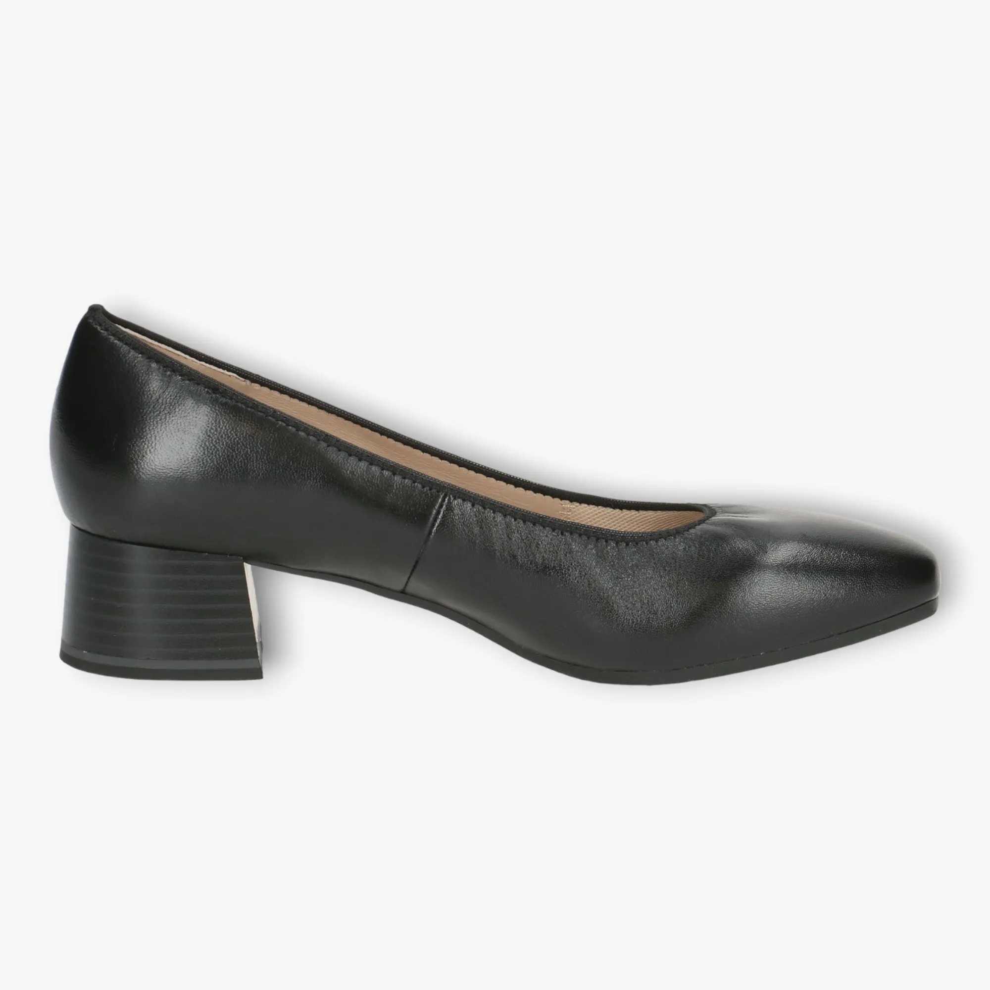 Caprice Black Leather Court Shoes - Block Heel, Wide Fit & Comfortable