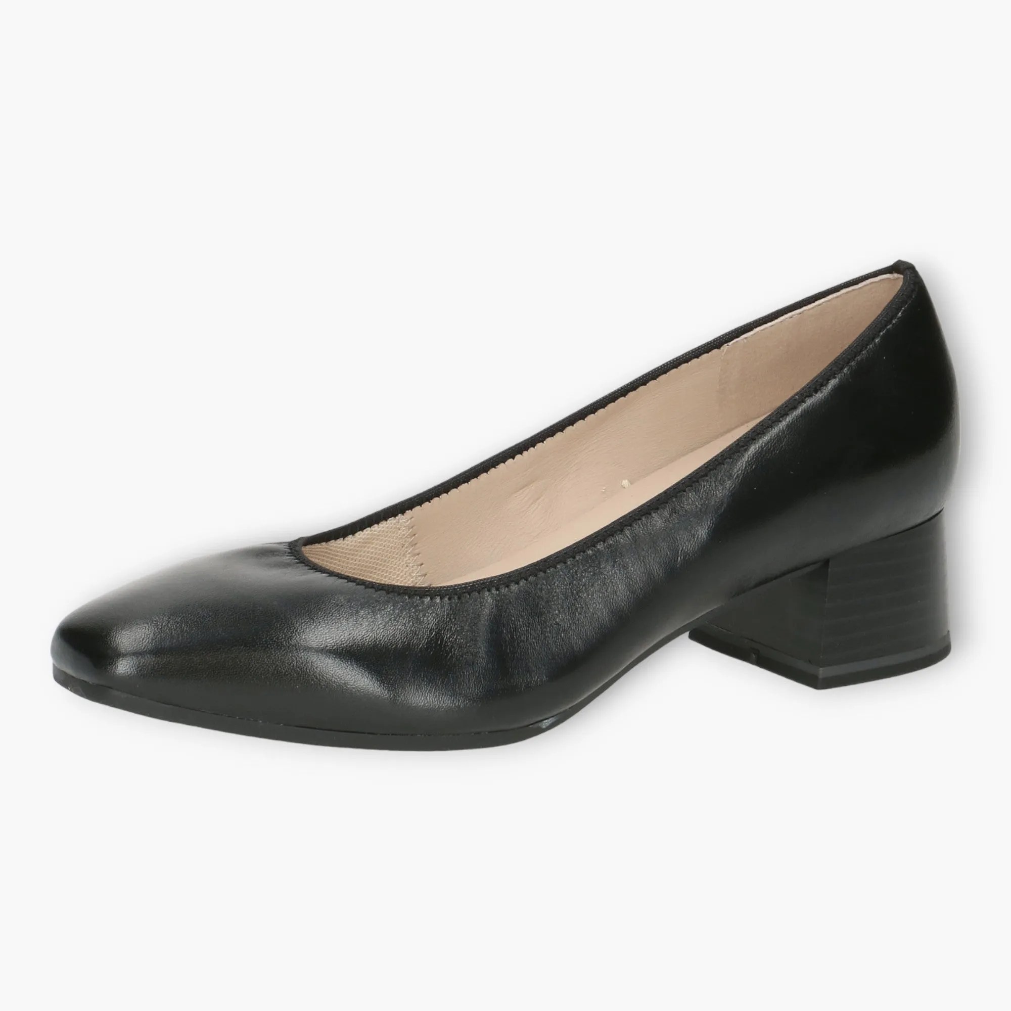 Caprice Black Leather Court Shoes - Block Heel, Wide Fit & Comfortable