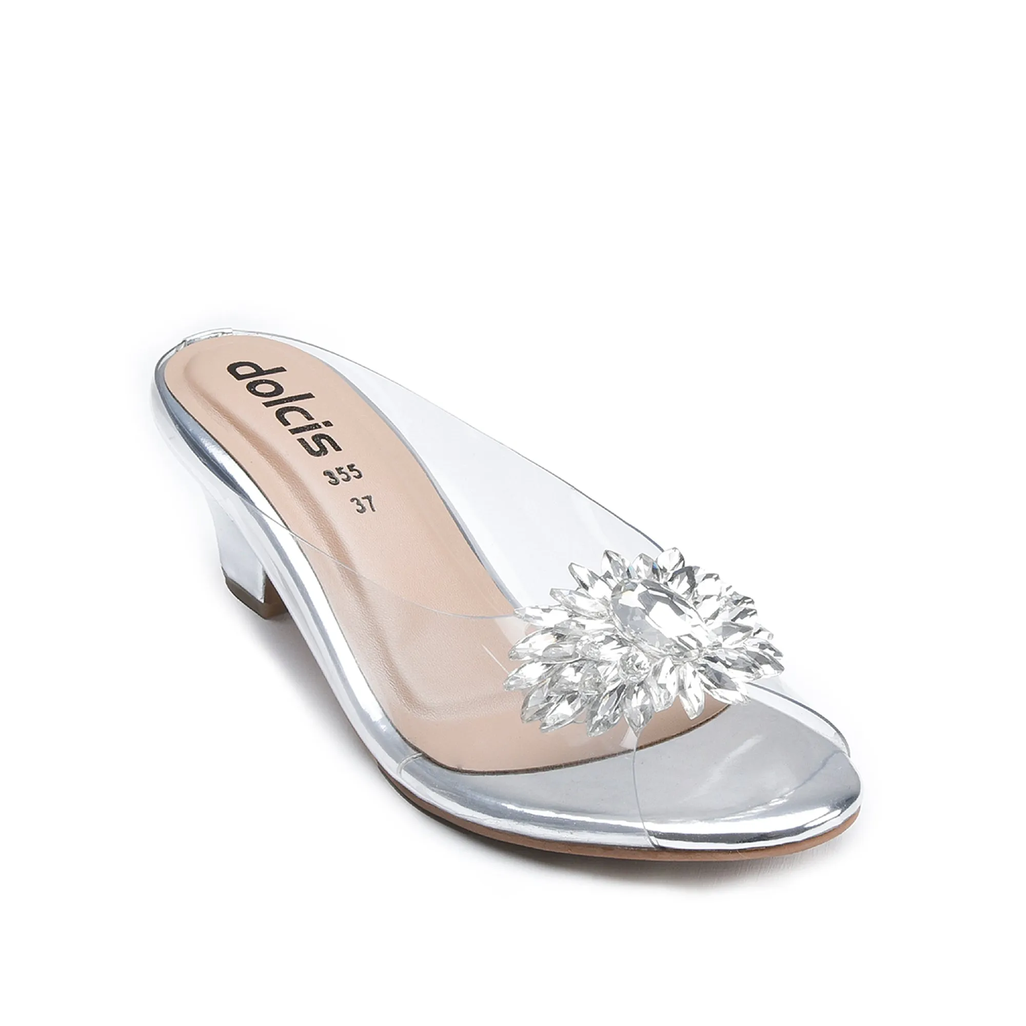 Chic Silver Kitten Heels with Rhinestone Detail | 596K-S