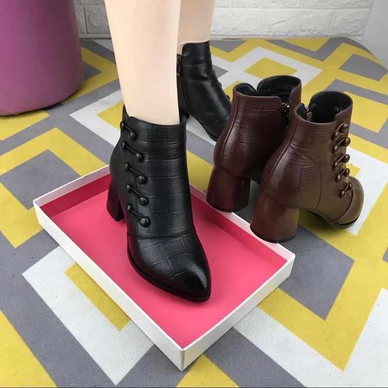 Chunky Heeled PU Zipper Leather Slip-On Winter Boots With Button Decor