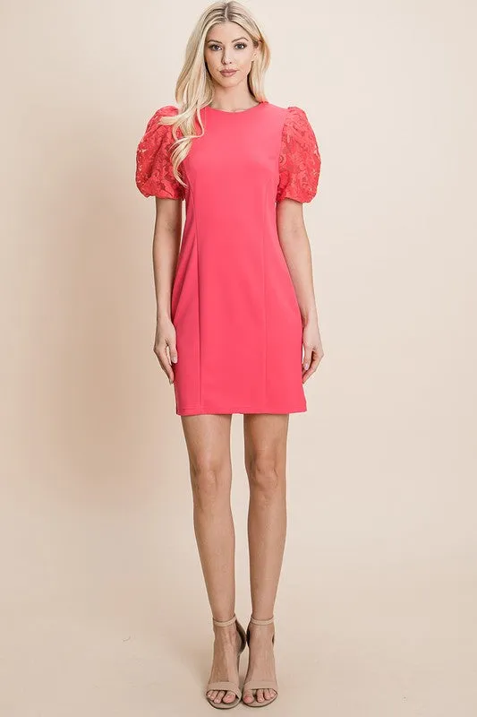 Coral Puffed Contrast Flower Embroidered Sheath Dress