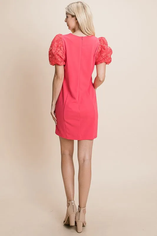 Coral Puffed Contrast Flower Embroidered Sheath Dress