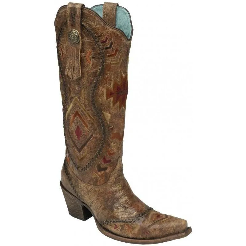 Corral Boots LD Cognac/ Multicolor Ethnic Pattern & Whip Stitch C2872