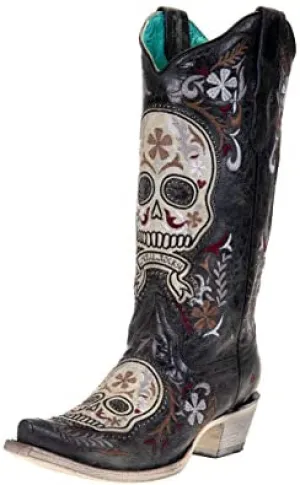 Corral Women's E1587 BLACK / WHITE SKULL OVERLAY & EMBROIDERY & STUDS