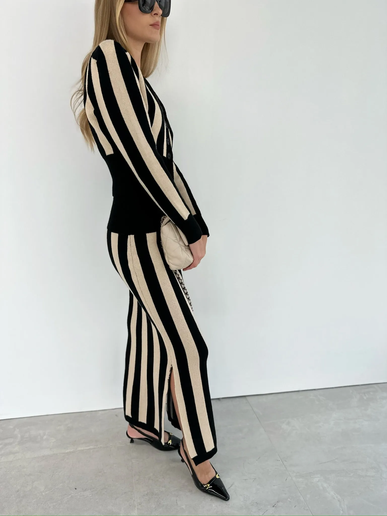 Daria Knitted Stripe Maxi Skirt | Black & Beige