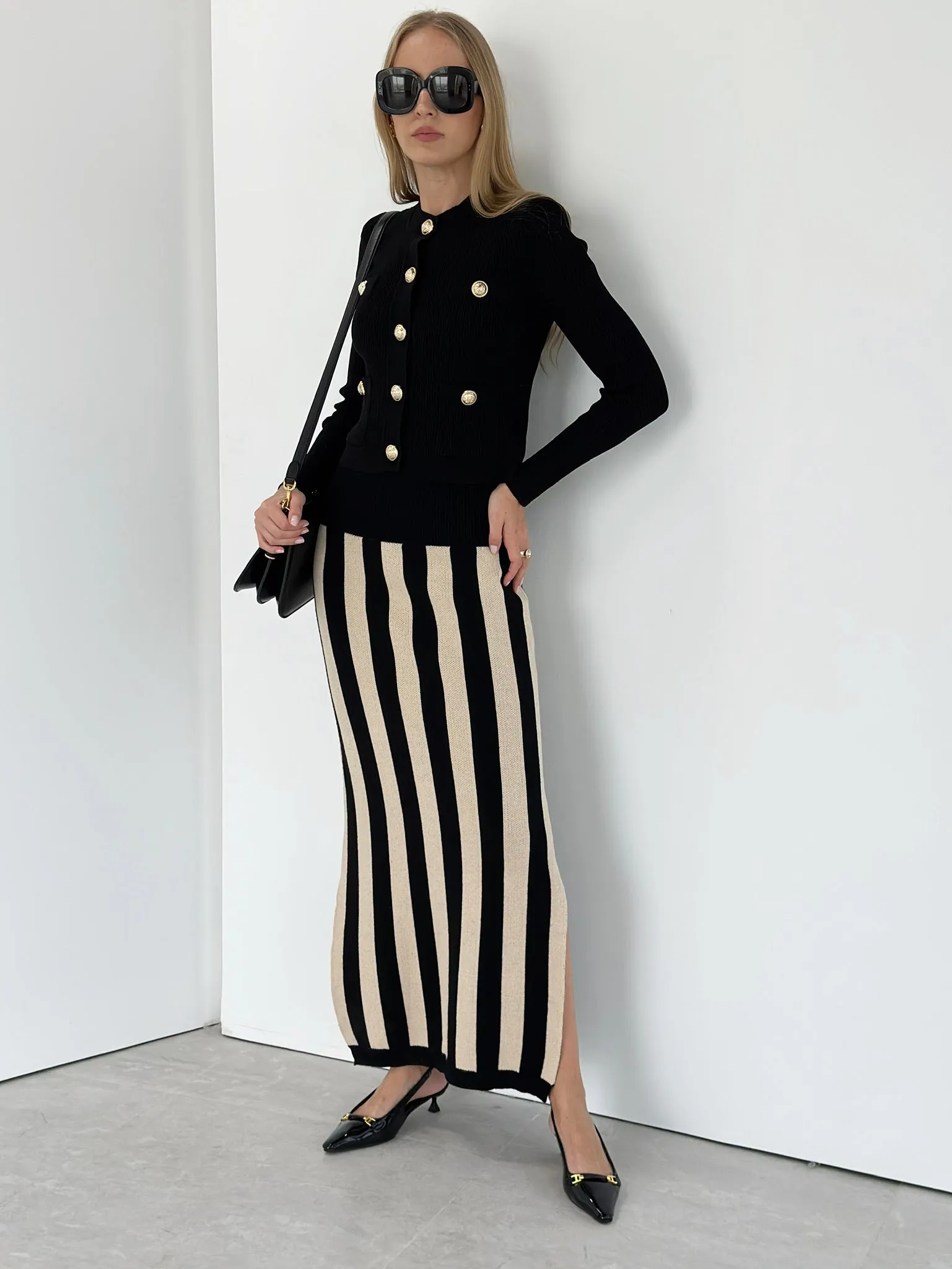 Daria Knitted Stripe Maxi Skirt | Black & Beige