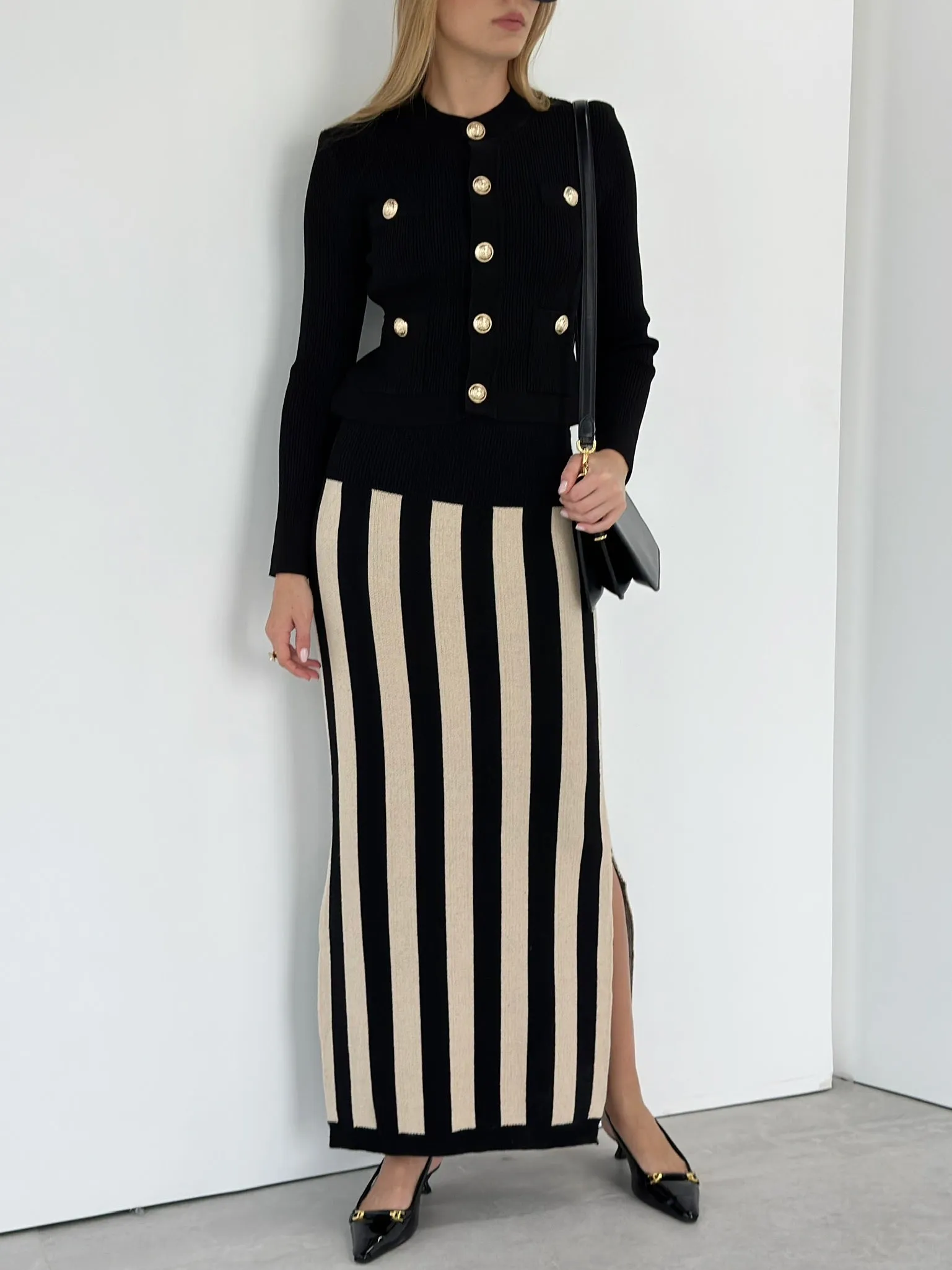 Daria Knitted Stripe Maxi Skirt | Black & Beige