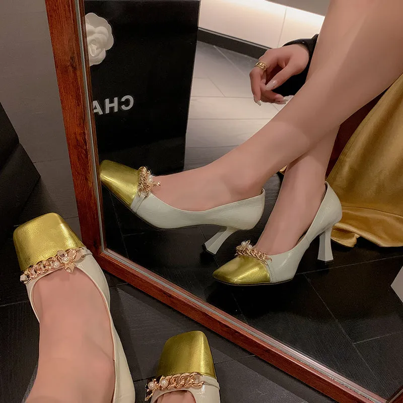 Emi White Square Toe Heels with Gold Chain