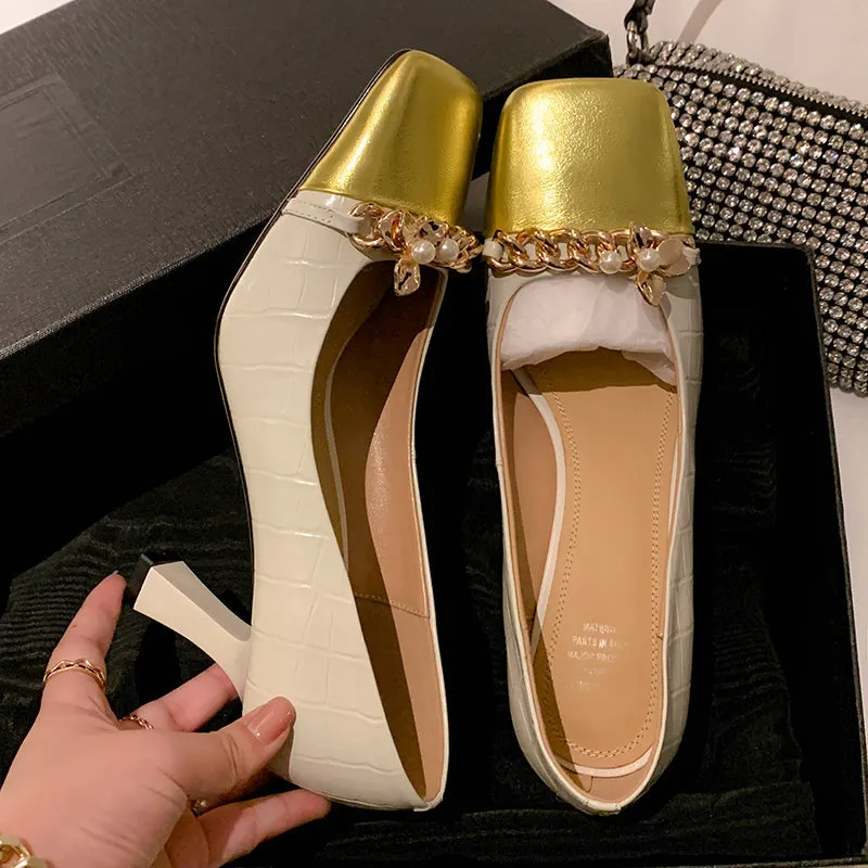 Emi White Square Toe Heels with Gold Chain