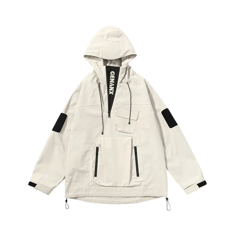 【GENANX2024NEW】Outdoor mountain waterproof half-zip offset multi-pocket Velcro hooded jacket