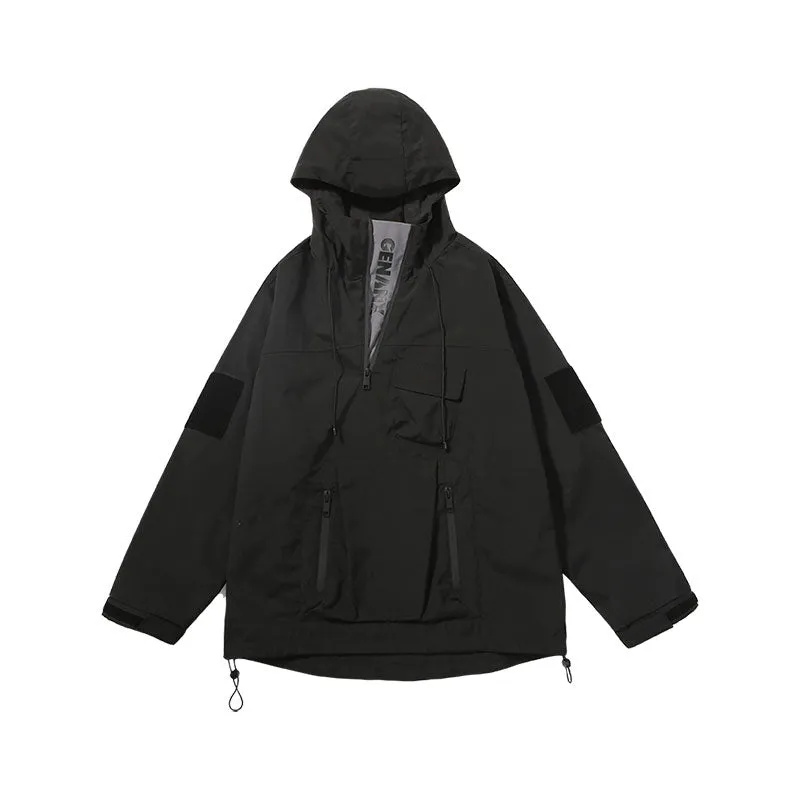 【GENANX2024NEW】Outdoor mountain waterproof half-zip offset multi-pocket Velcro hooded jacket