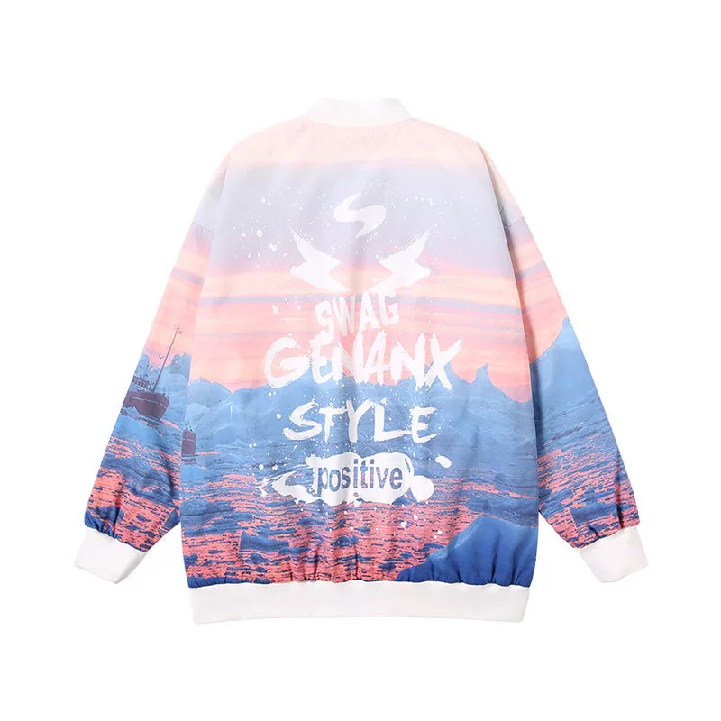 【GENANX2024NEW】Sunset Iceberg English print sleeved baseball collar jacket