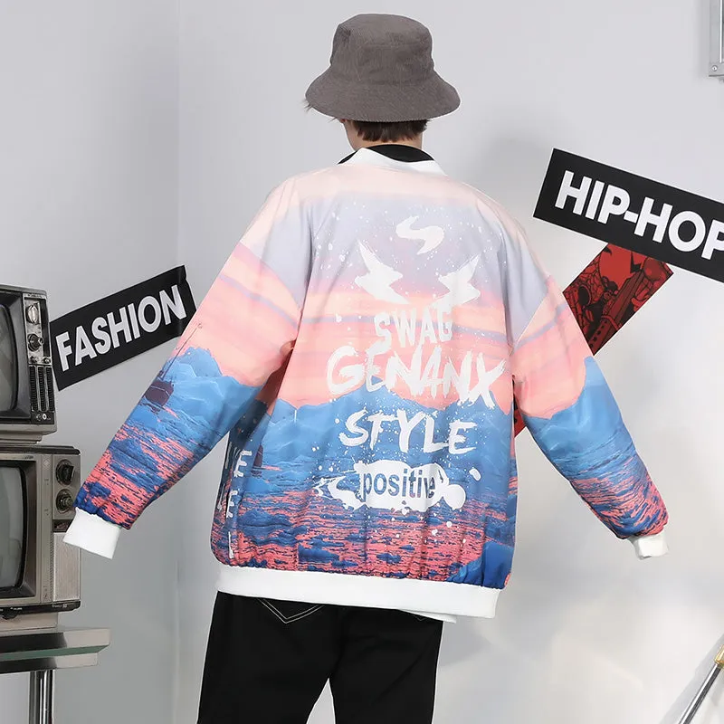 【GENANX2024NEW】Sunset Iceberg English print sleeved baseball collar jacket