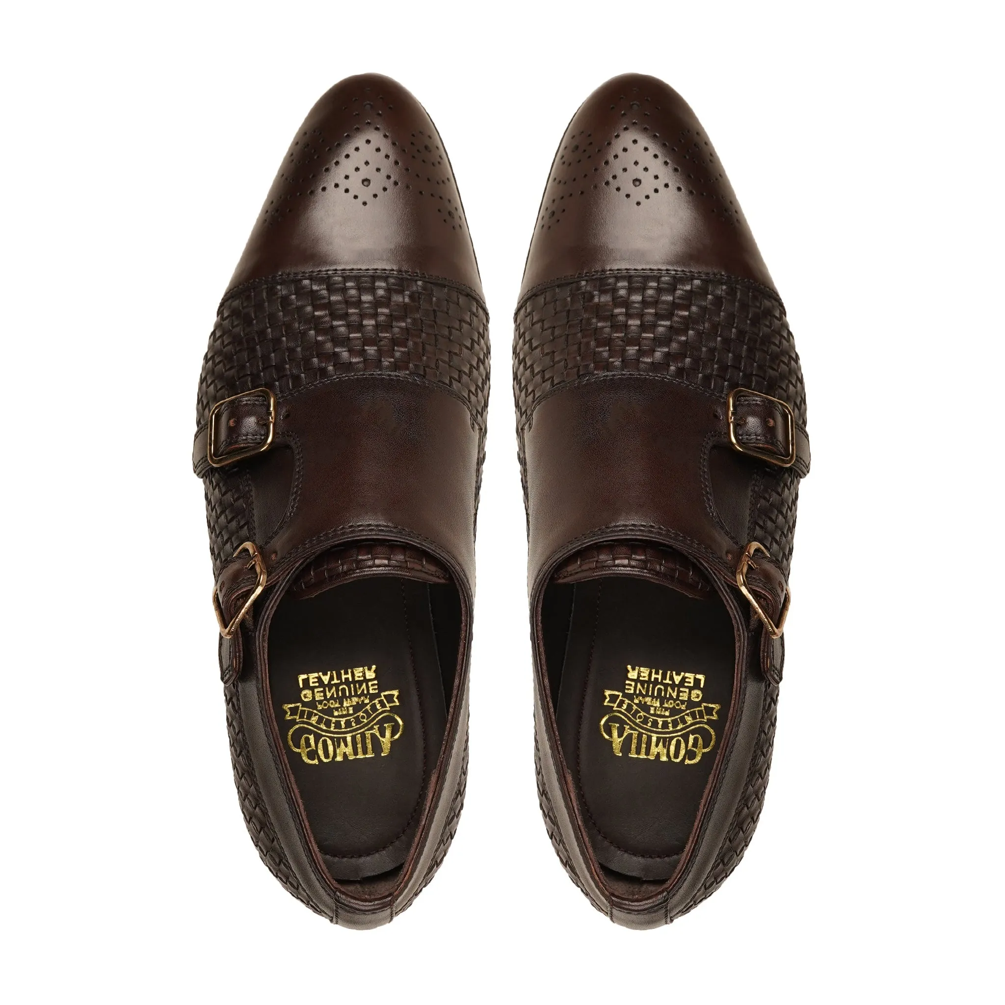 Hrastnik - Men's Dark Brown Calf and Hand Woven Leather Double Monkstrap