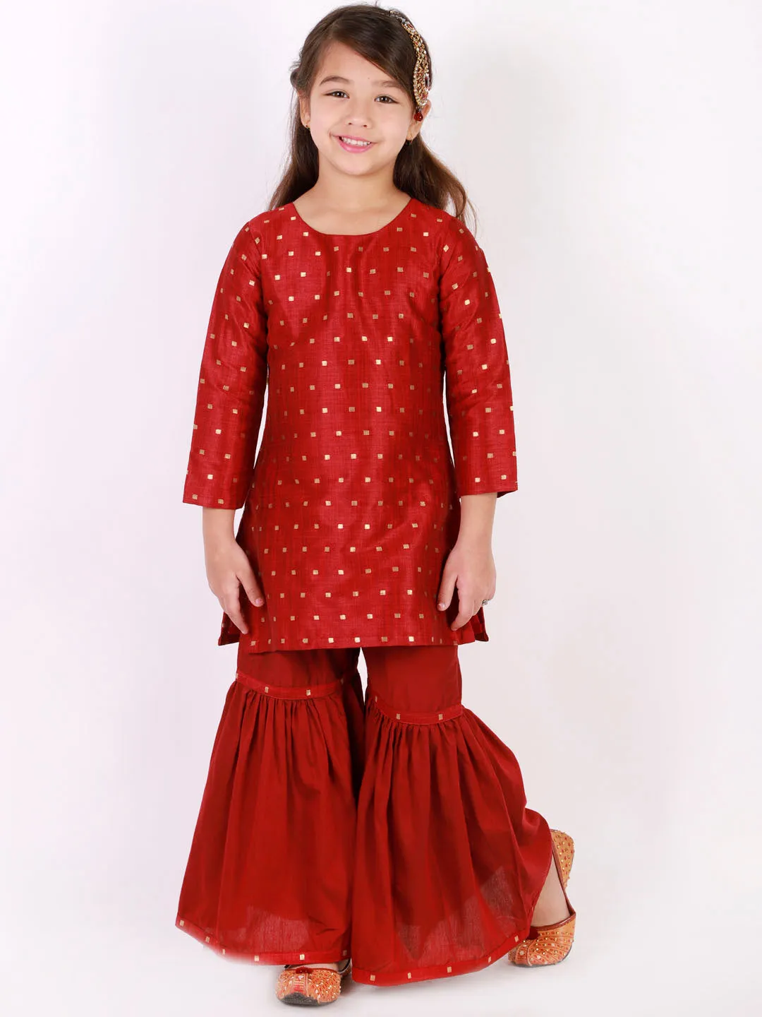 Jashvi Girls' Maroon Zari Kurta And Sharara Set