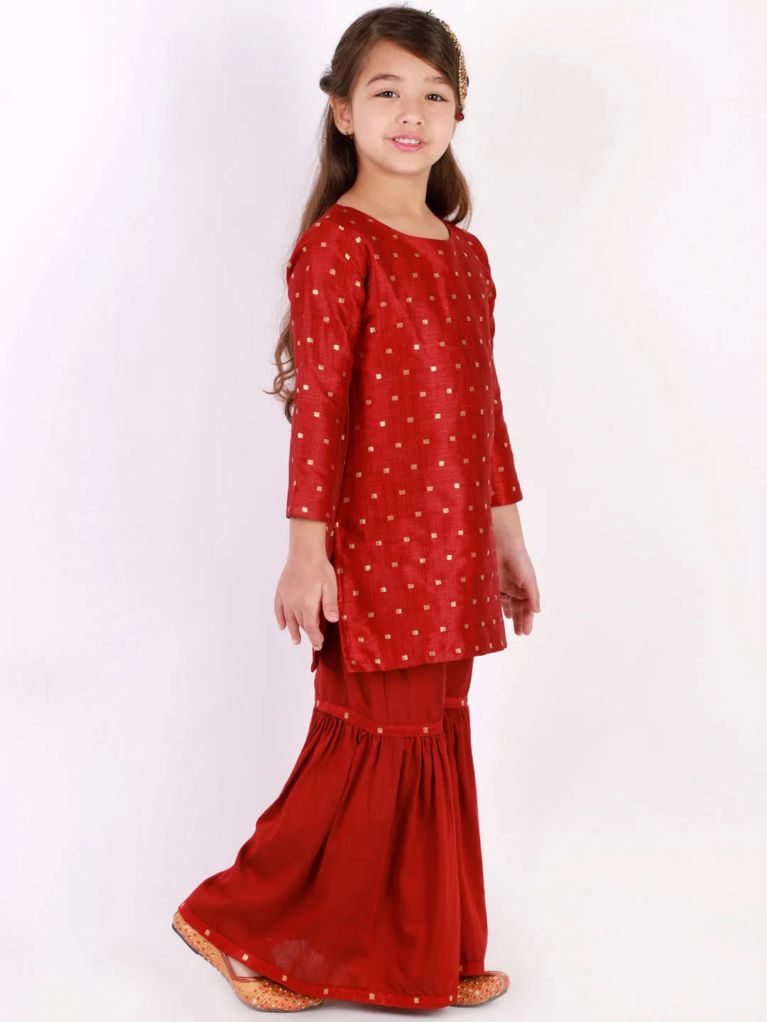 Jashvi Girls' Maroon Zari Kurta And Sharara Set