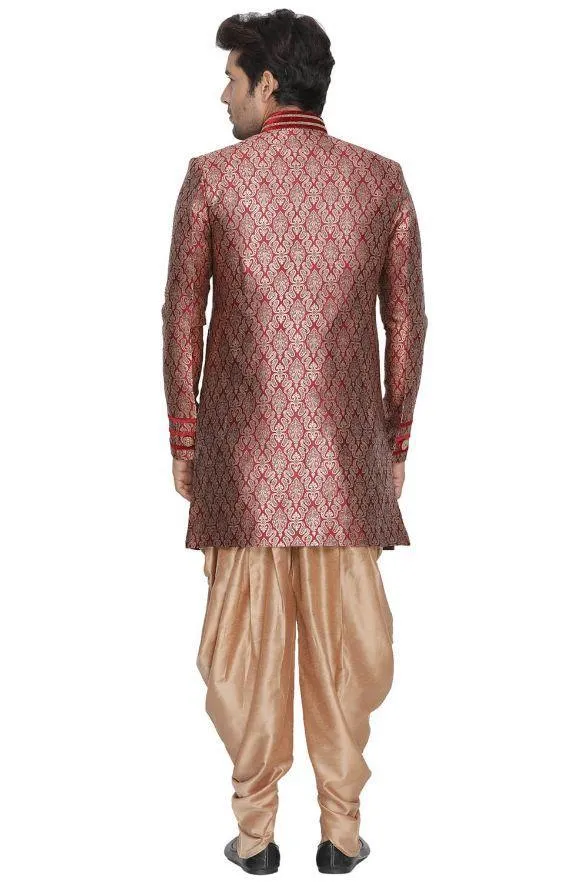 Jashvi Men's Maroon Cotton Silk Blend Sherwani Set