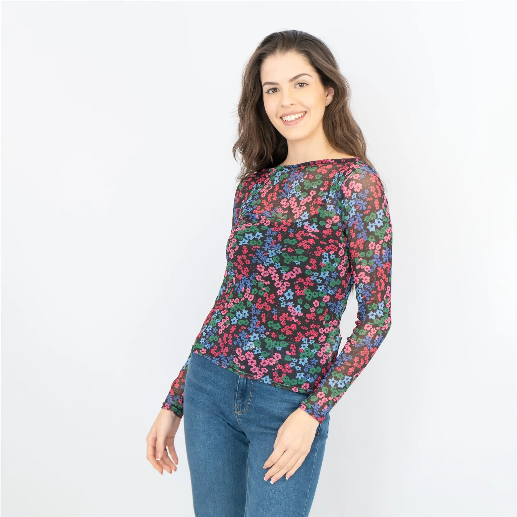 Karen Millen Black Floral Long Sleeve Boat Neck Mesh Tops