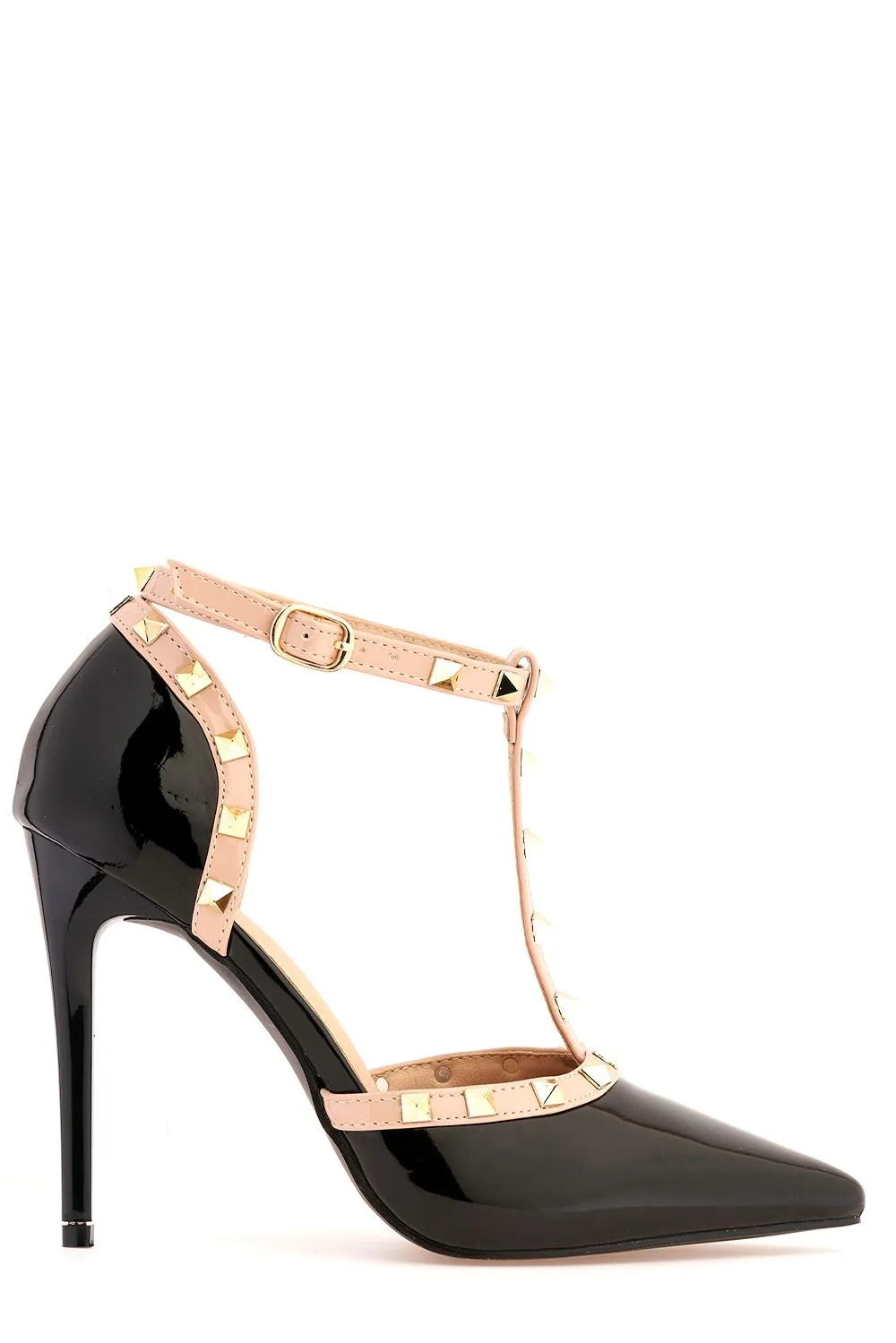 Kloss Mid Heel Studded Slingback Court Shoe in Black Patent