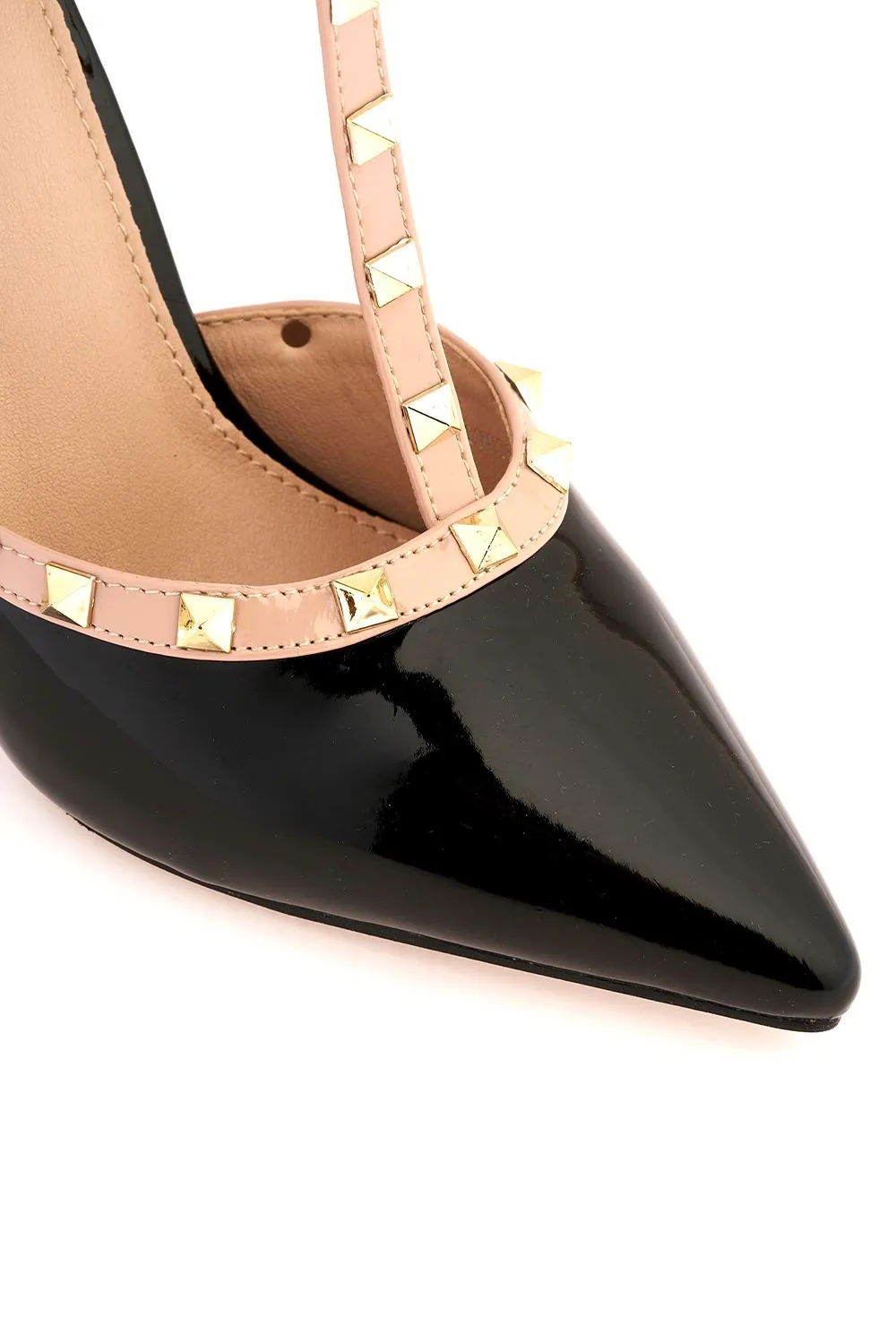 Kloss Mid Heel Studded Slingback Court Shoe in Black Patent