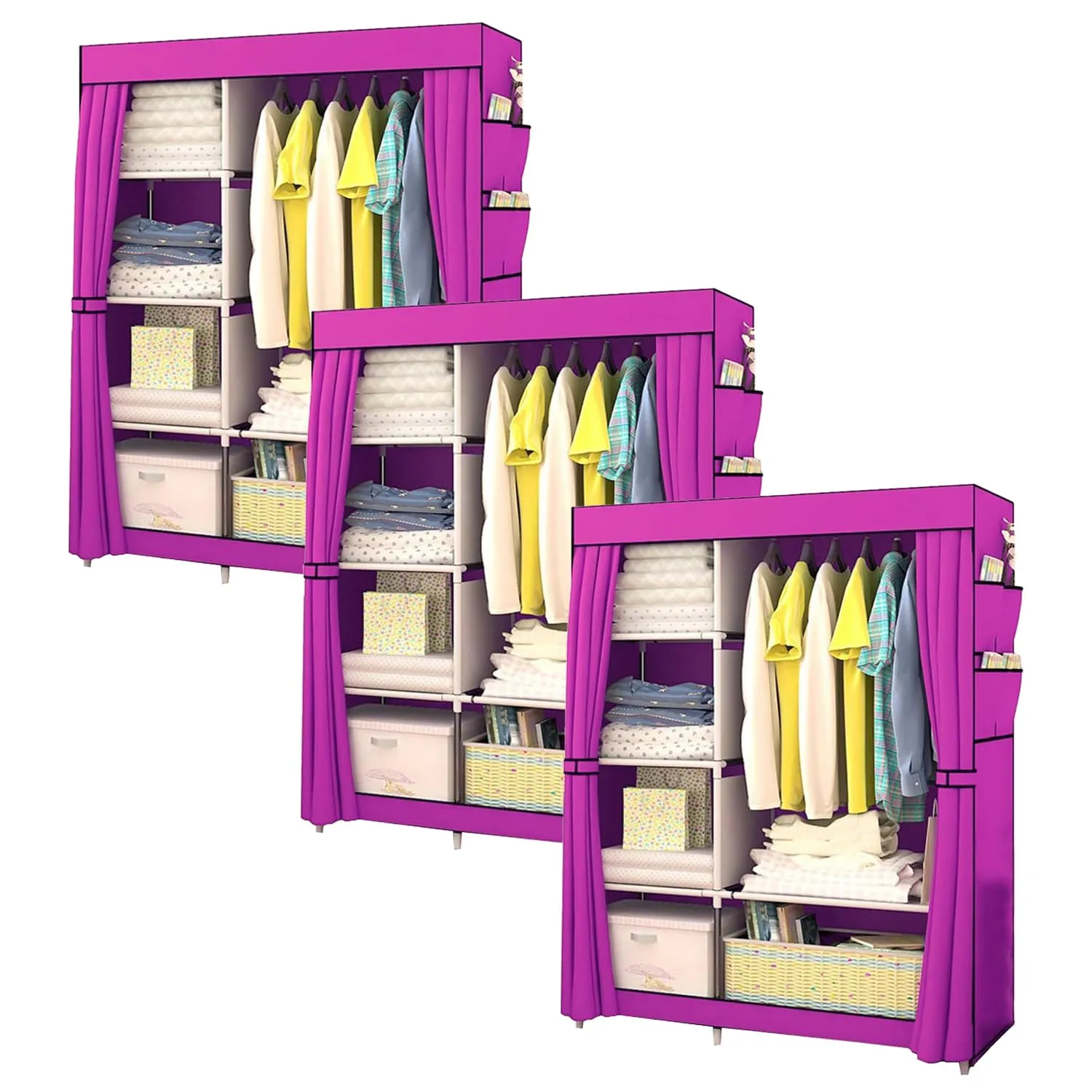 Kuber Industries Foldable Wardrobe for Clothes|Non Woven 2 Door Portable Clothes Rack|4 Shelves Almirah for Clothes-Pack of 3 (Purple)