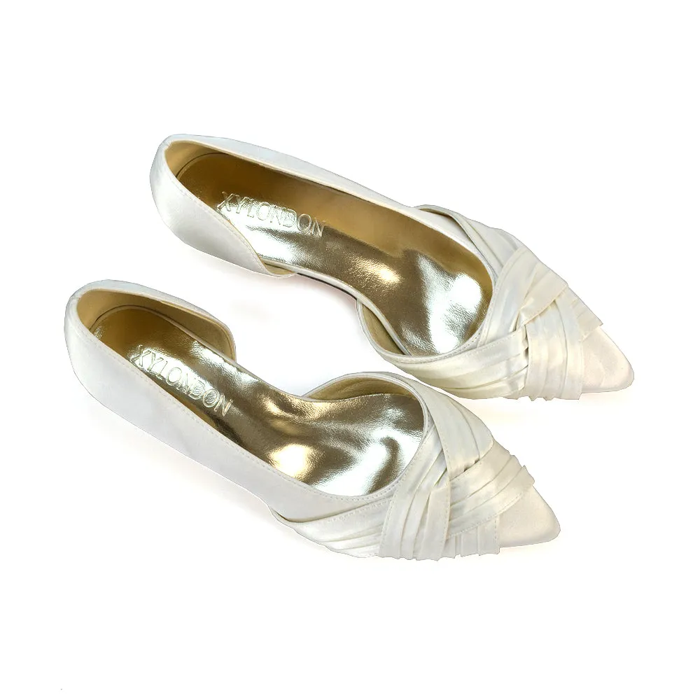 Lake Kitten Heel Pointed Toe Slip on Bridal Shoes in Ivory Satin