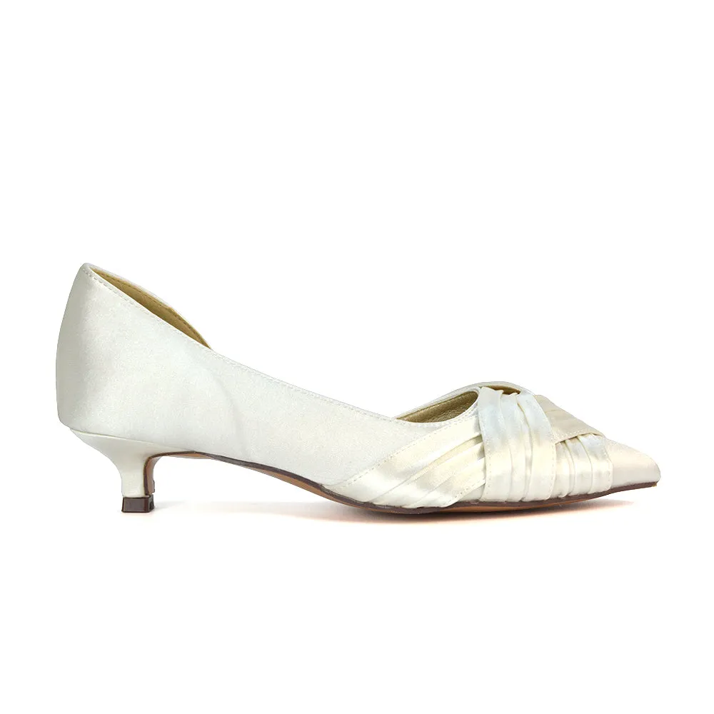 Lake Kitten Heel Pointed Toe Slip on Bridal Shoes in Ivory Satin