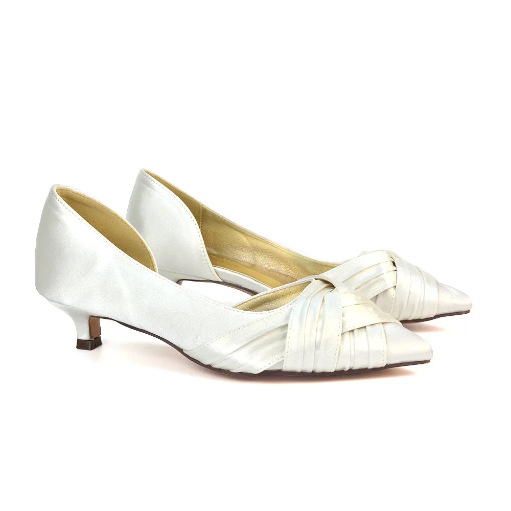 Lake Kitten Heel Pointed Toe Slip on Bridal Shoes in Ivory Satin