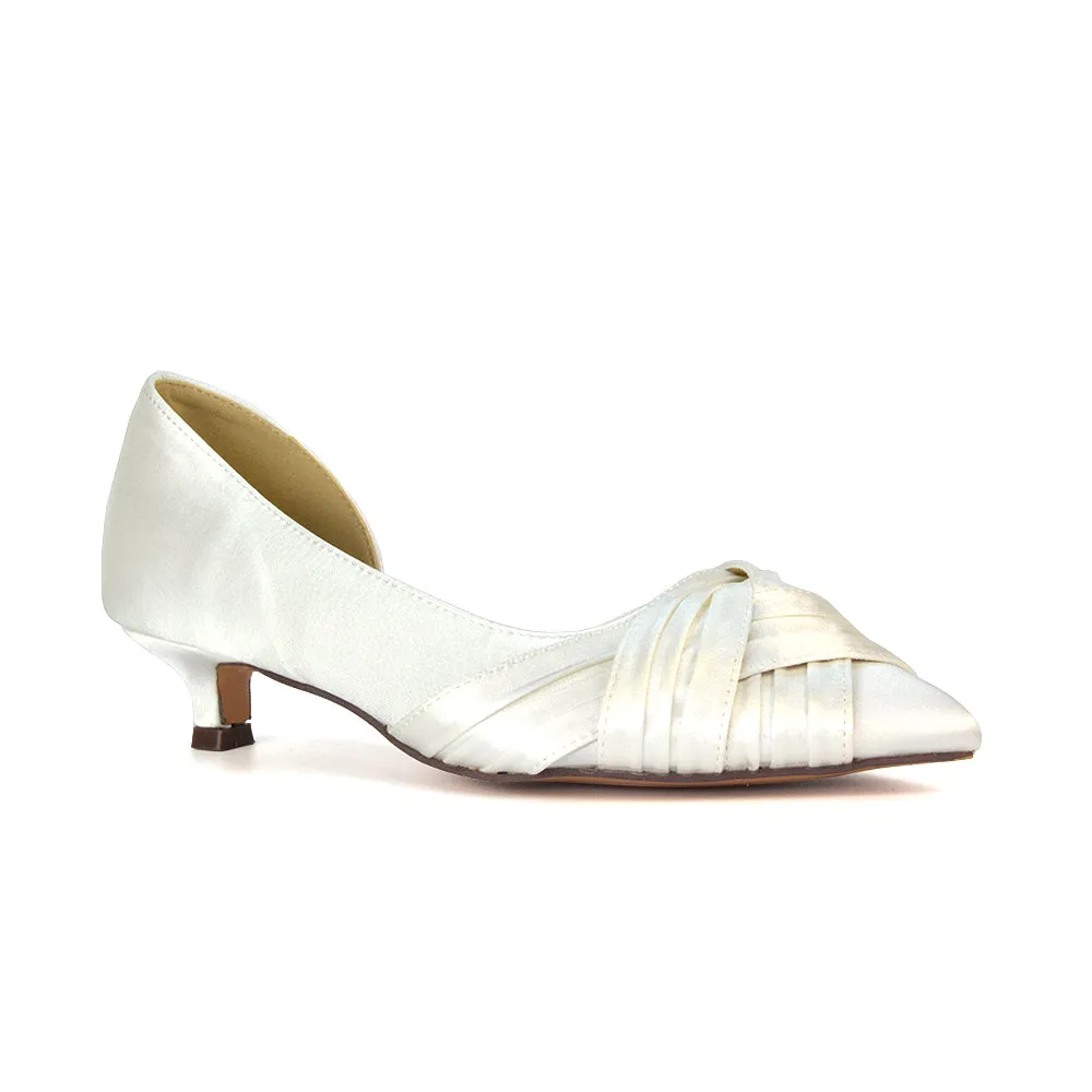 Lake Kitten Heel Pointed Toe Slip on Bridal Shoes in Ivory Satin