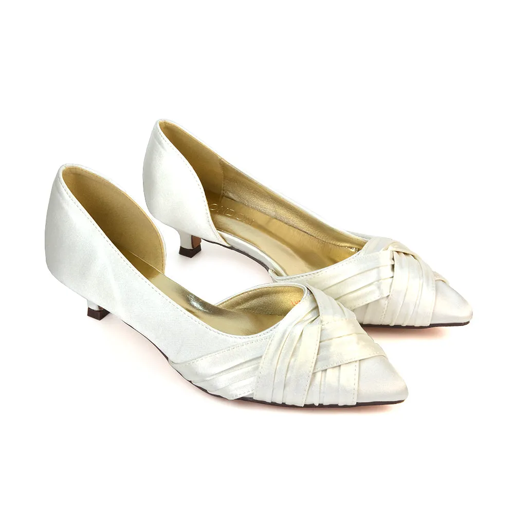 Lake Kitten Heel Pointed Toe Slip on Bridal Shoes in Ivory Satin